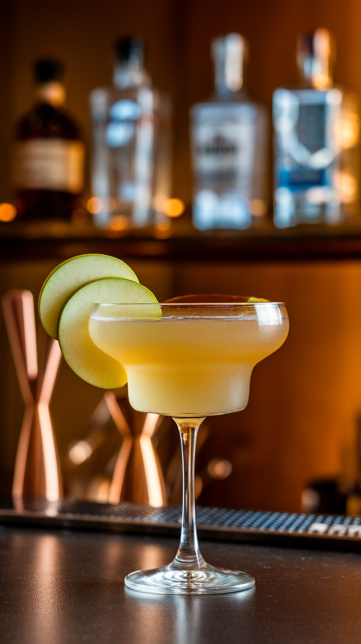 Appletini cocktail in a glass, garnished with apple slices