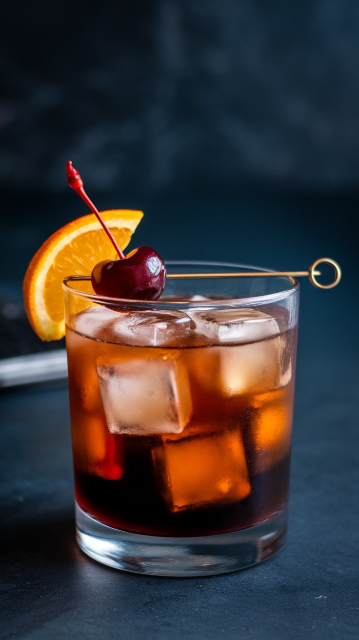 A Black Russian cocktail garnished with an orange slice and cherry.