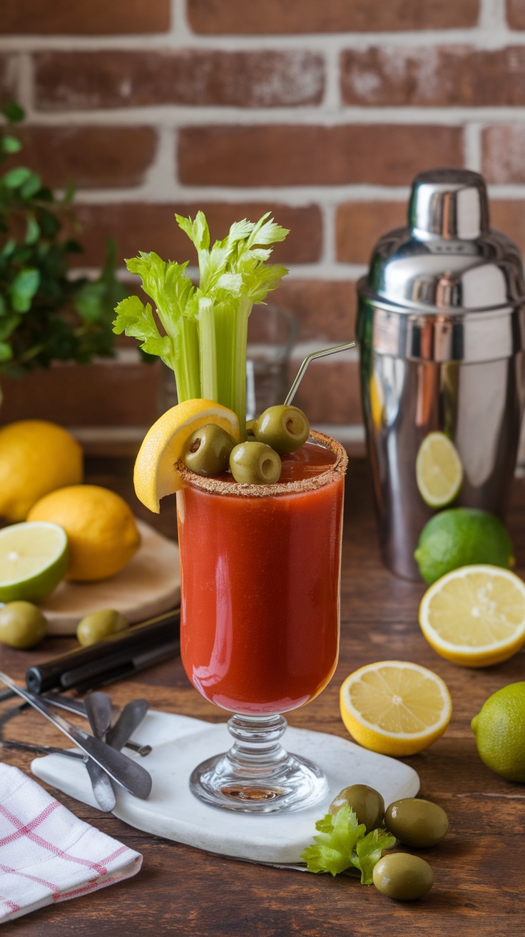 A tall glass of Bloody Mary cocktail garnished with celery, olives, and a lemon wedge, with fresh ingredients in the background.