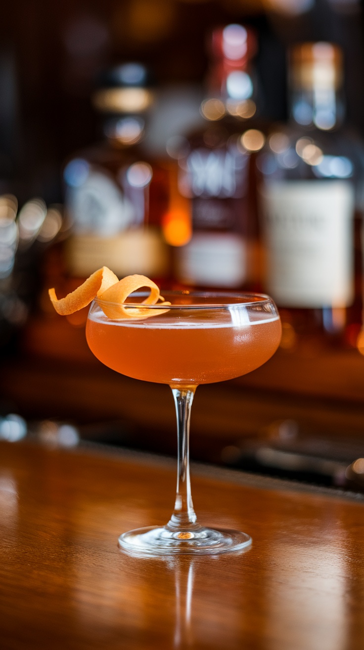 A classic Brown Derby cocktail garnished with a twist of grapefruit peel.