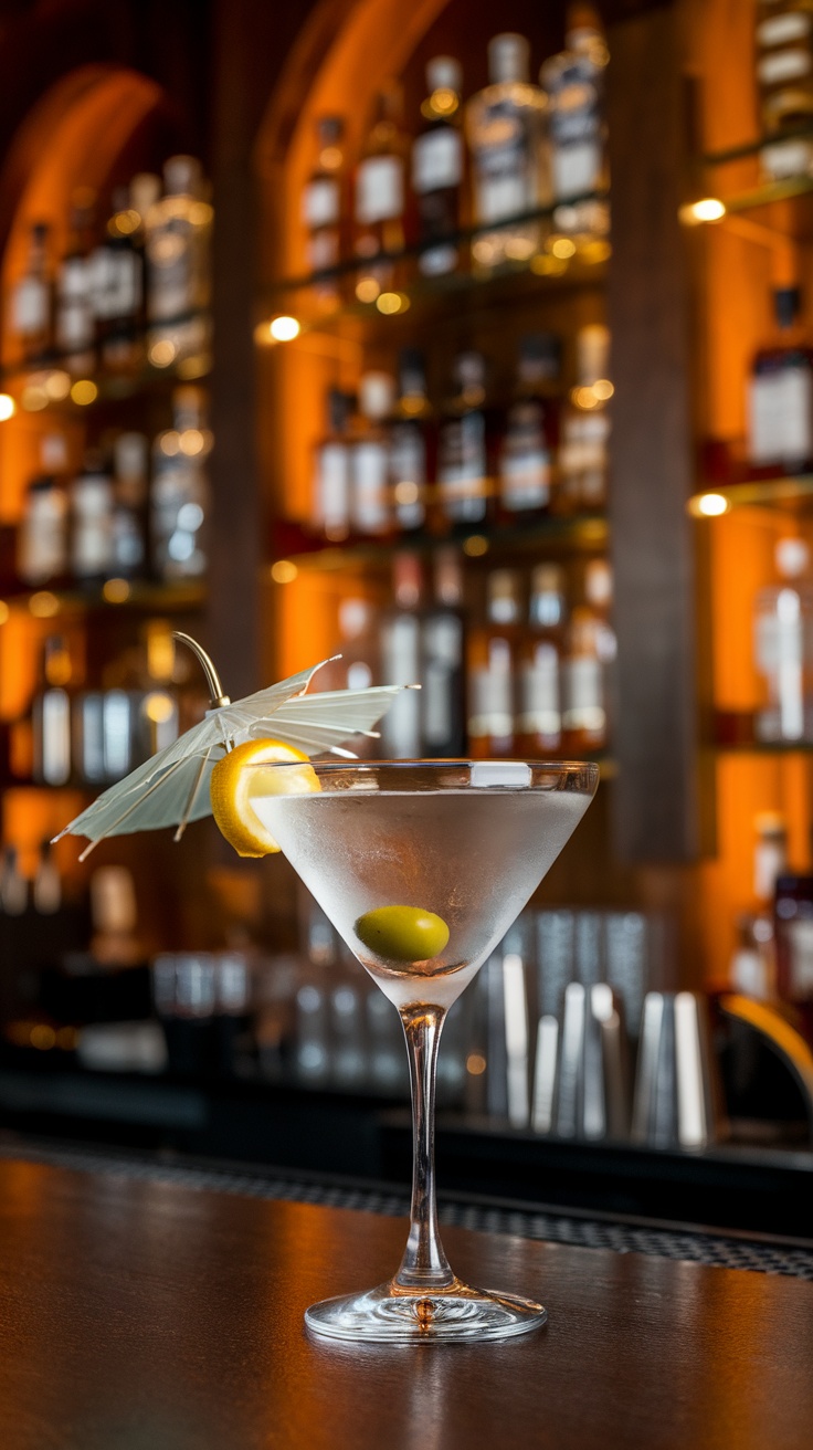 A classic martini cocktail in a glass with a garnish.