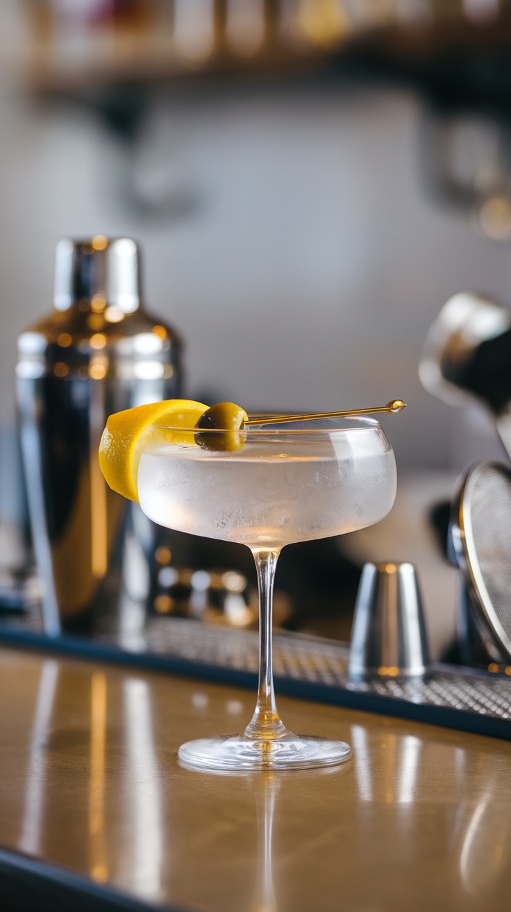 A classic vodka martini garnished with a lemon twist and olive