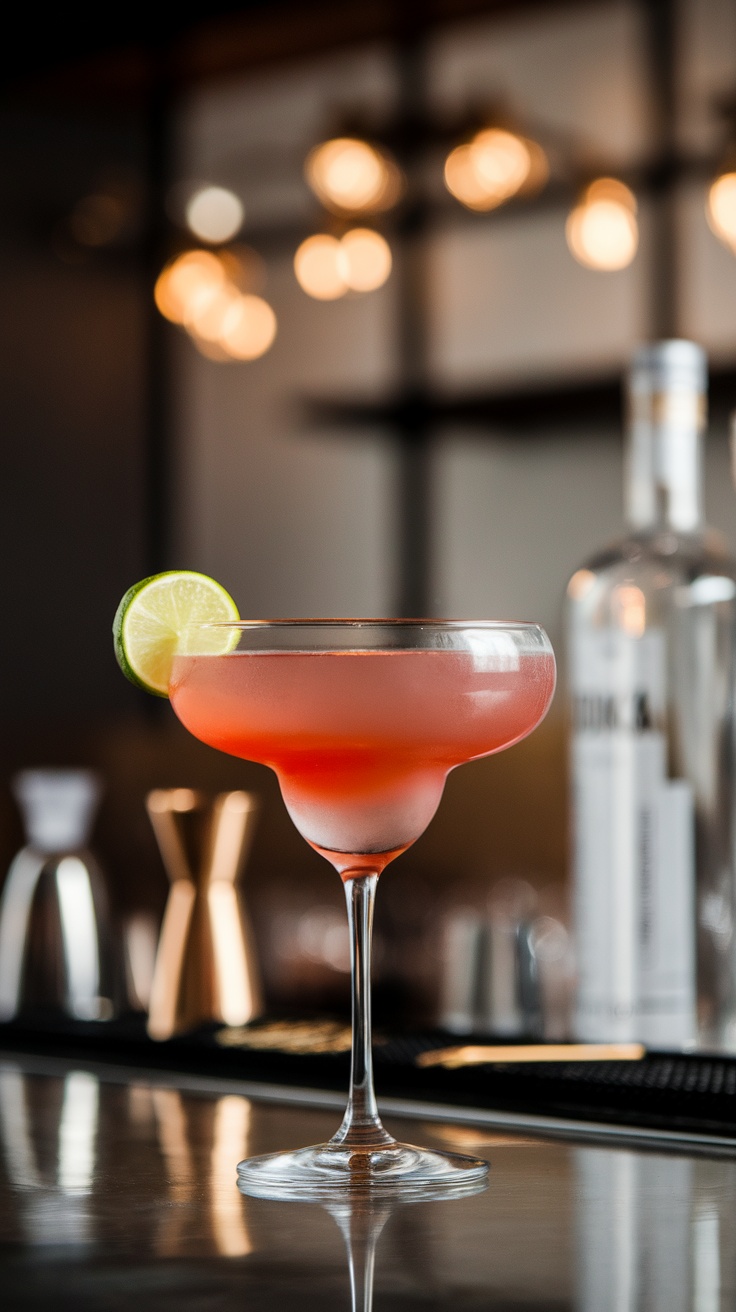 A stylish Cosmopolitan cocktail garnished with a lime wheel.