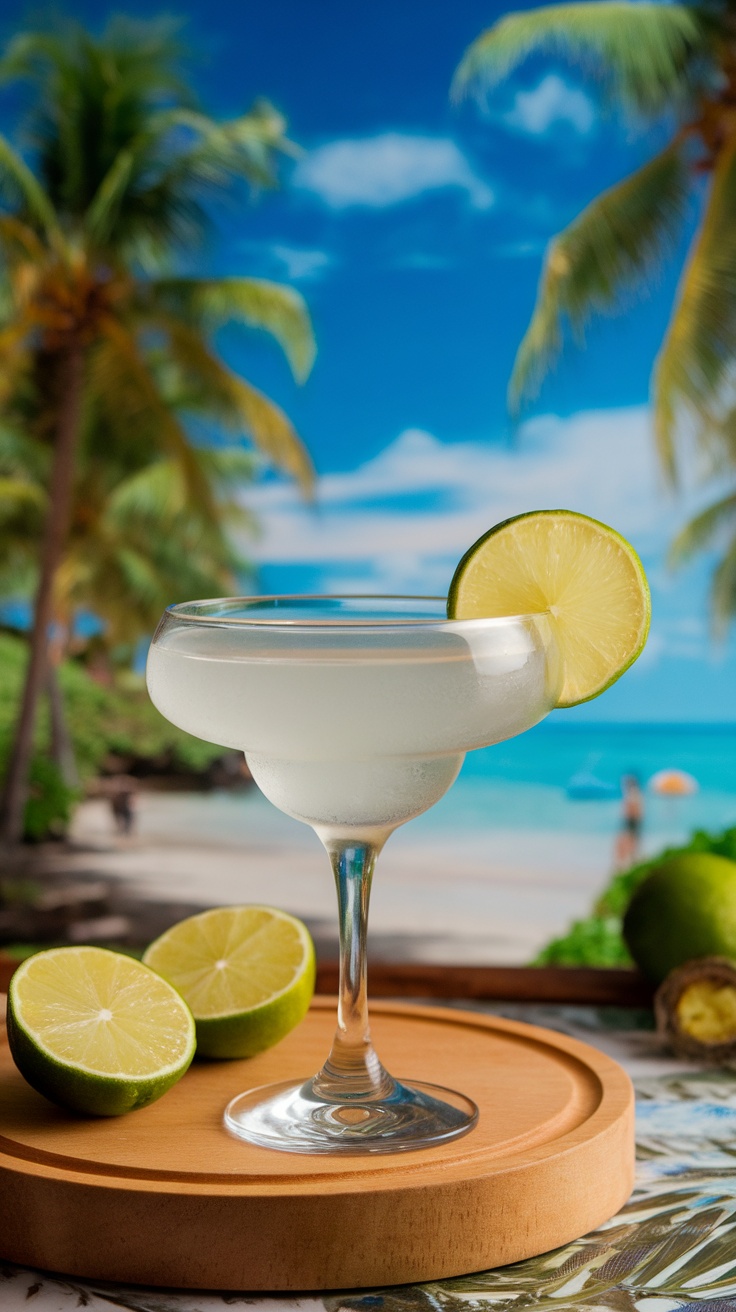 A classic Daiquiri cocktail garnished with a lime wheel.