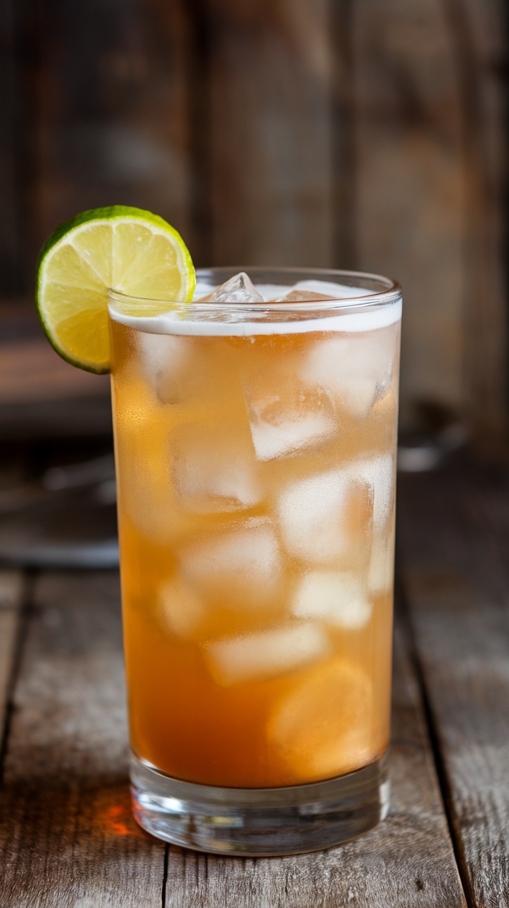 A refreshing Dark 'N' Stormy cocktail garnished with a lime wedge.