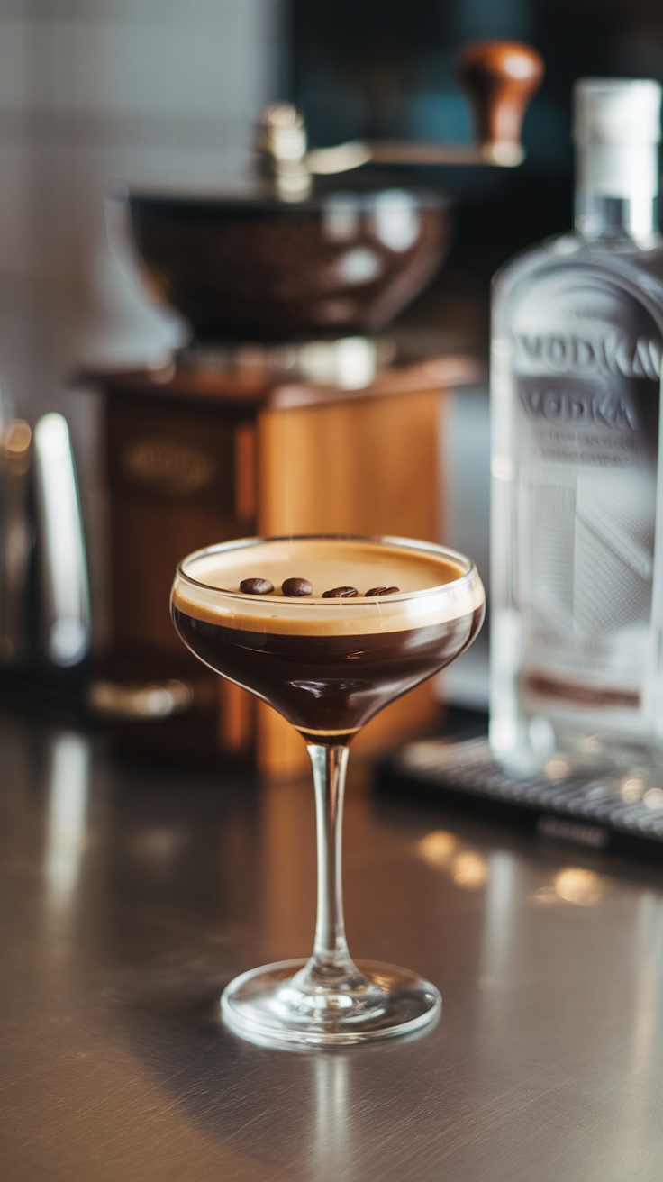 A beautifully crafted Espresso Martini in a clear glass with coffee beans on top, beside a bottle of vodka.