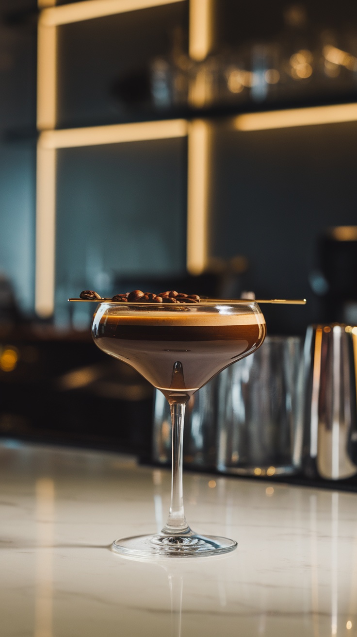 A beautifully crafted espresso martini in a stylish glass, garnished with coffee beans.