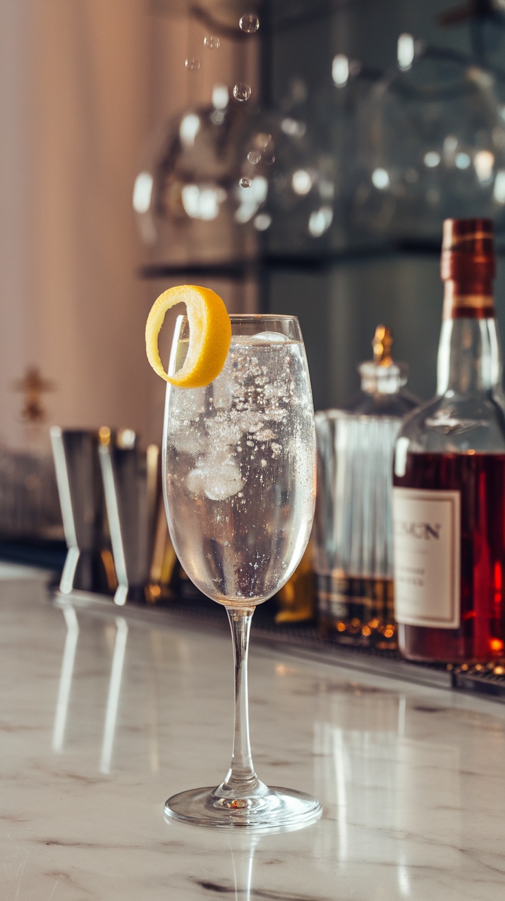 A refreshing French 75 cocktail served in a flute glass with a lemon twist garnish.