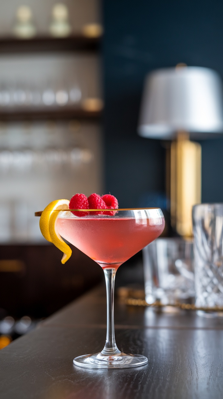 A beautifully crafted French Martini garnished with fresh raspberries and a twist of lemon peel.