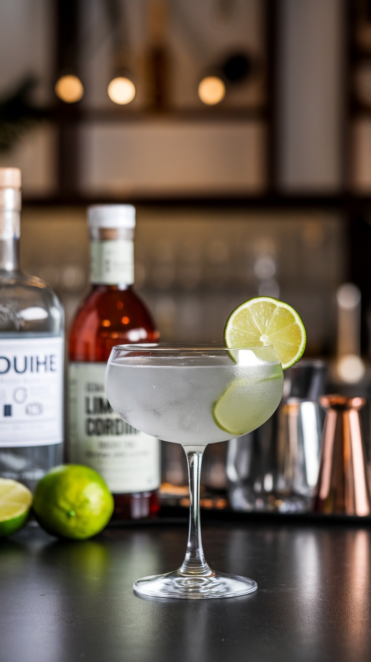 A refreshing Gimlet cocktail served in a coupe glass with a lime garnish.