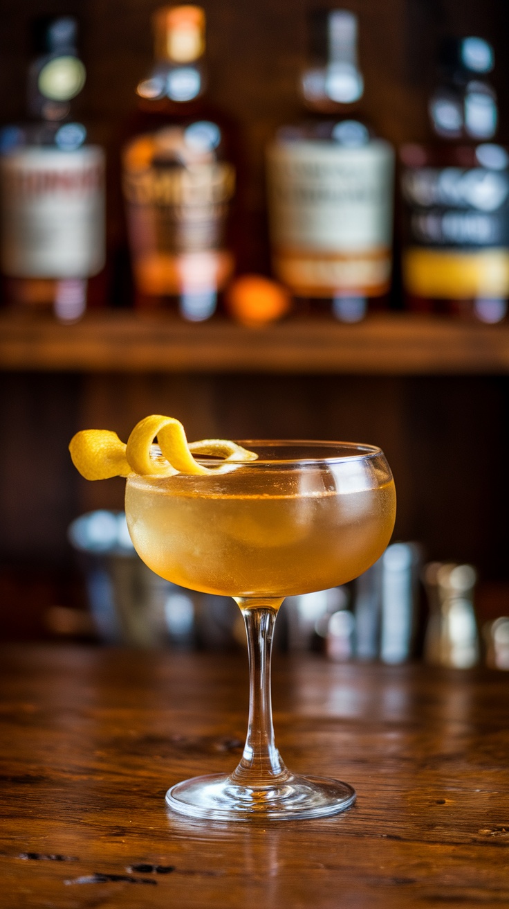 A Gold Rush cocktail served in a coupe glass with a lemon twist garnish.