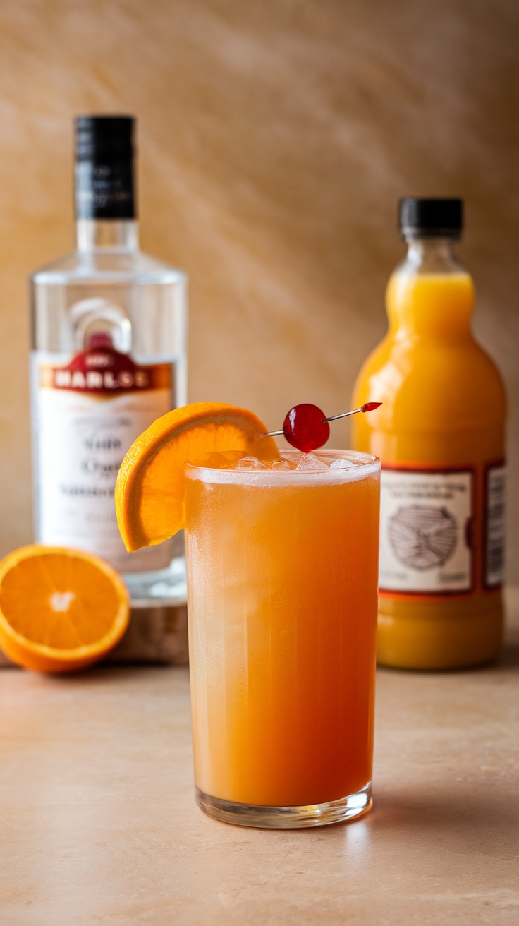 A bright orange Harvey Wallbanger cocktail garnished with an orange slice and cherry.