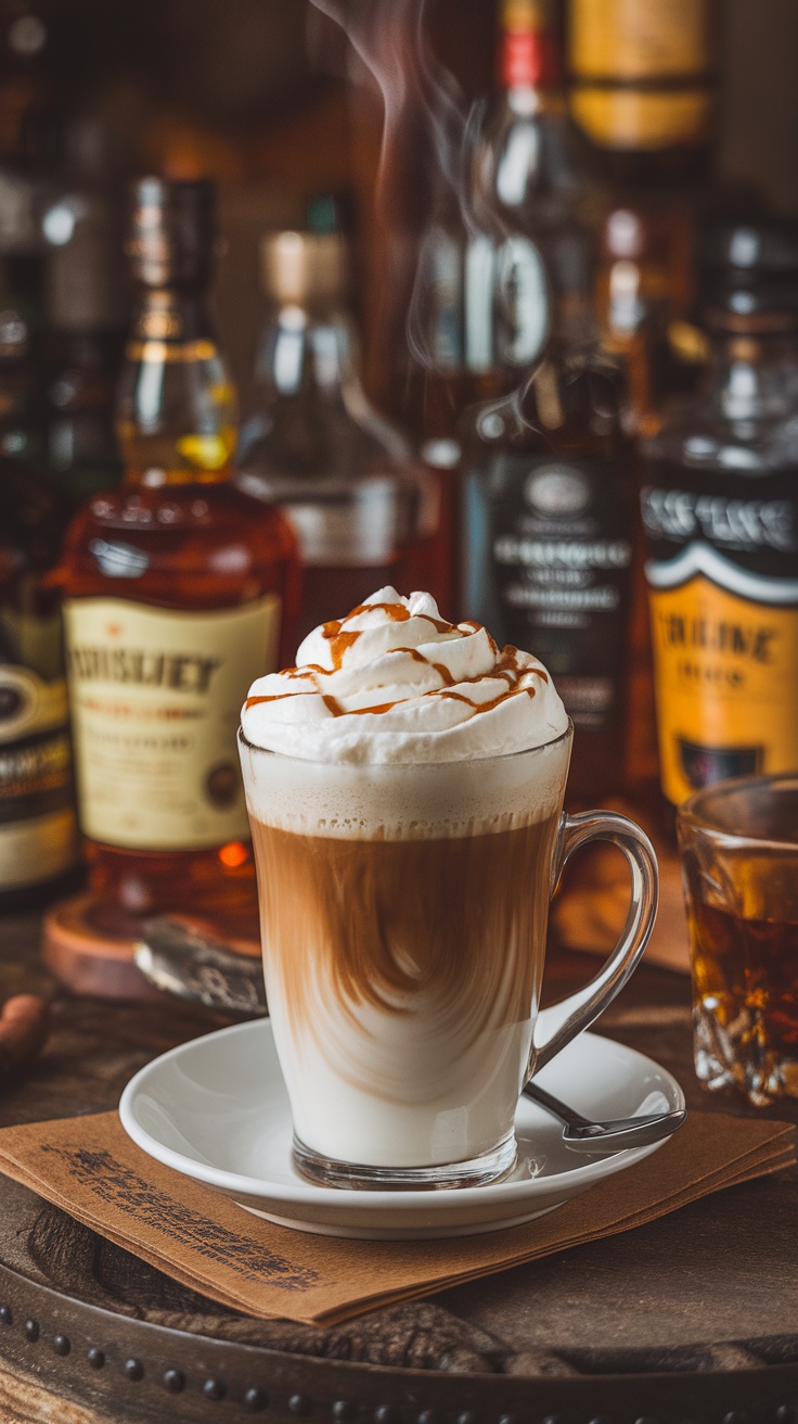 A cup of Irish coffee topped with whipped cream and a drizzle of caramel, served in a cozy setting.