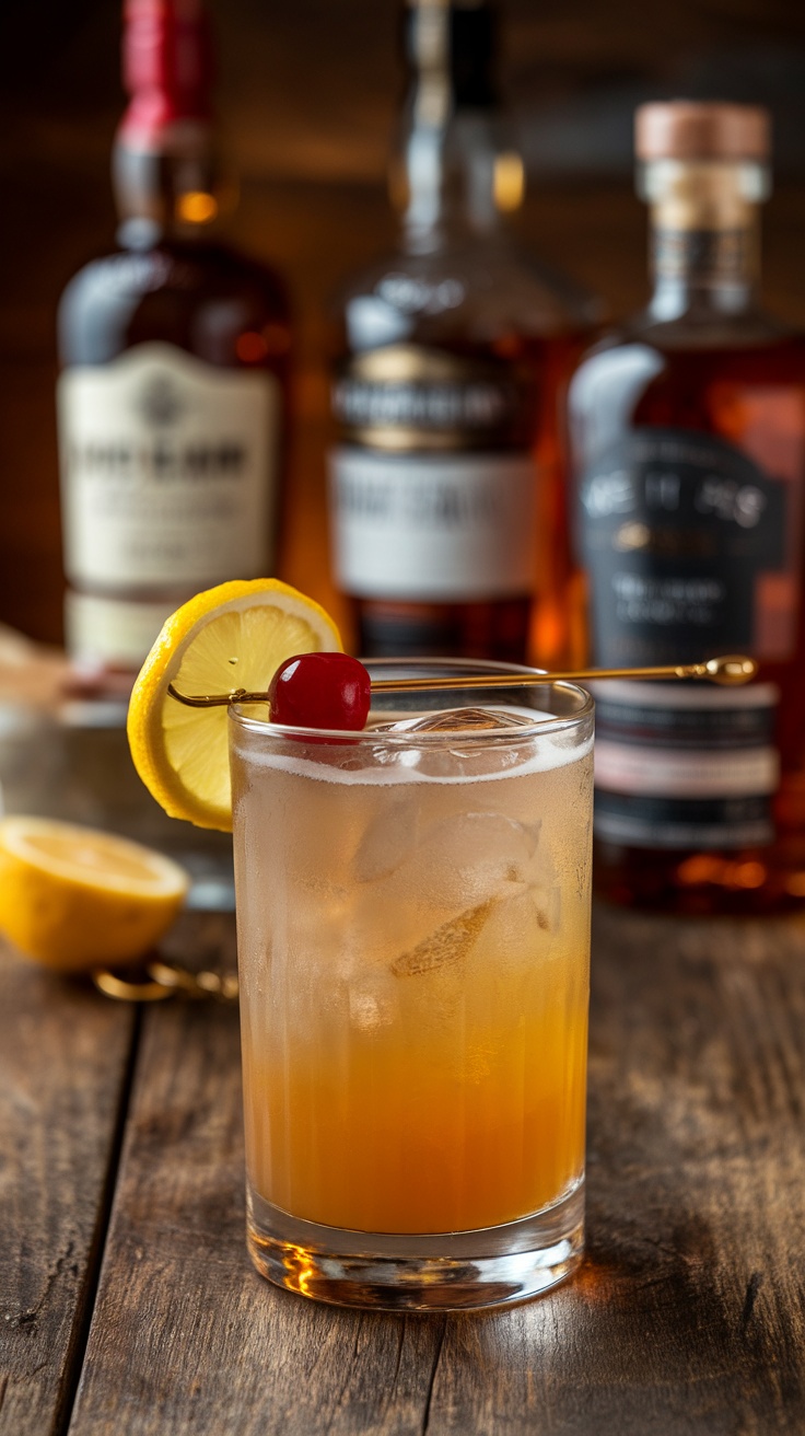 A refreshing John Collins cocktail with whiskey, lemon, and cherry garnish.