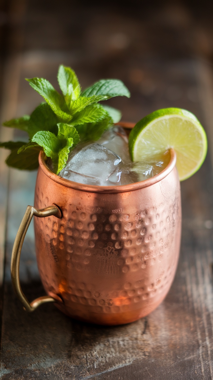 A refreshing Kentucky Mule cocktail in a copper mug garnished with mint and lime.