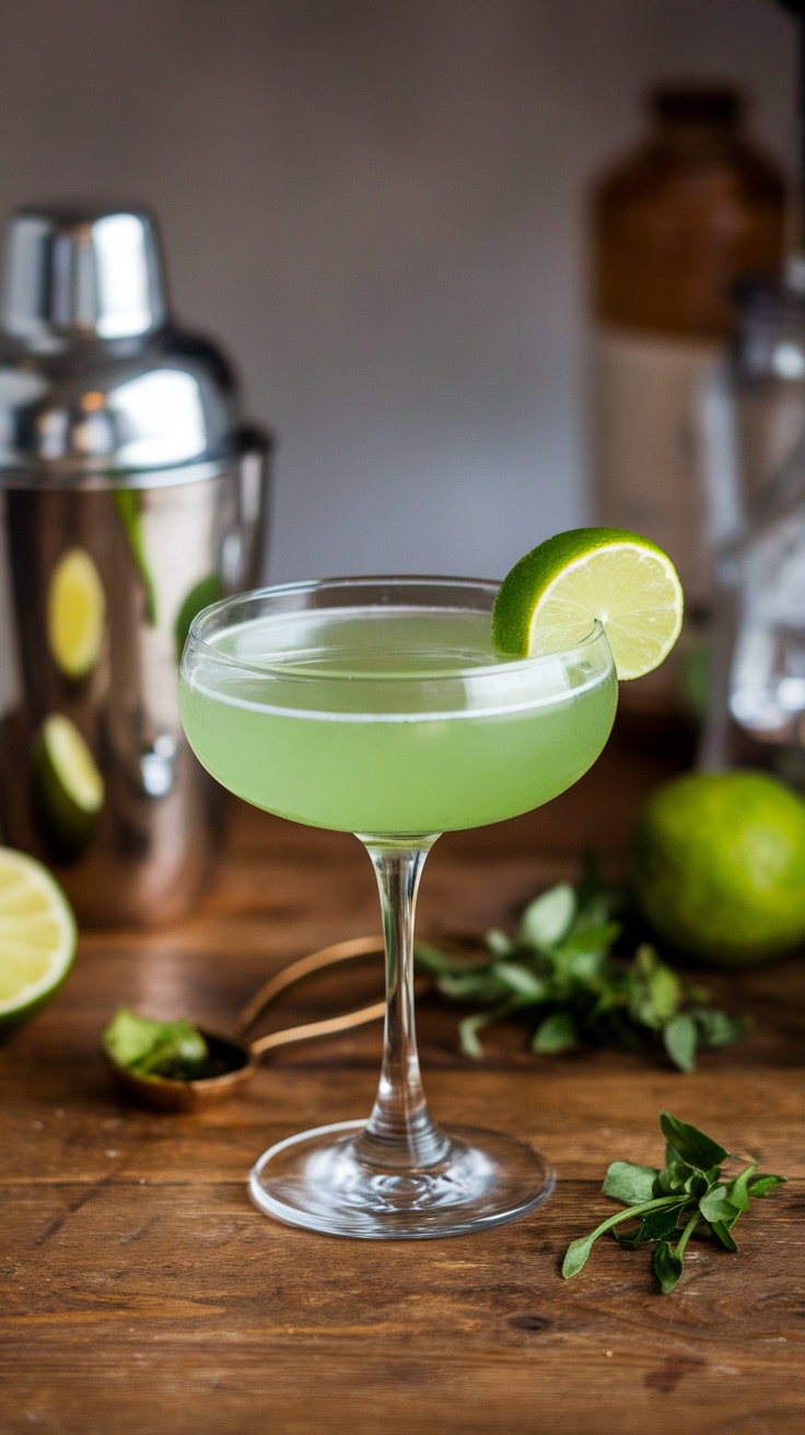 A vibrant green Last Word cocktail served in a coupe glass garnished with a lime twist.