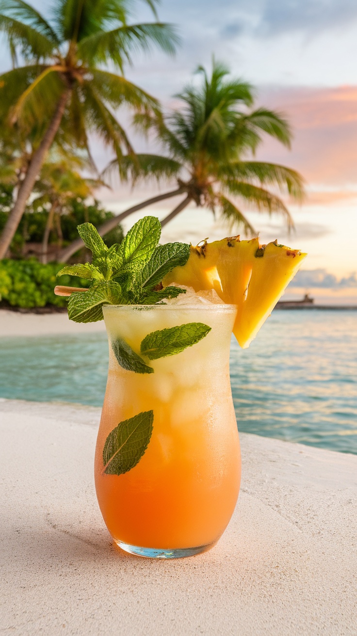 A tropical Mai Tai cocktail garnished with mint and pineapple.