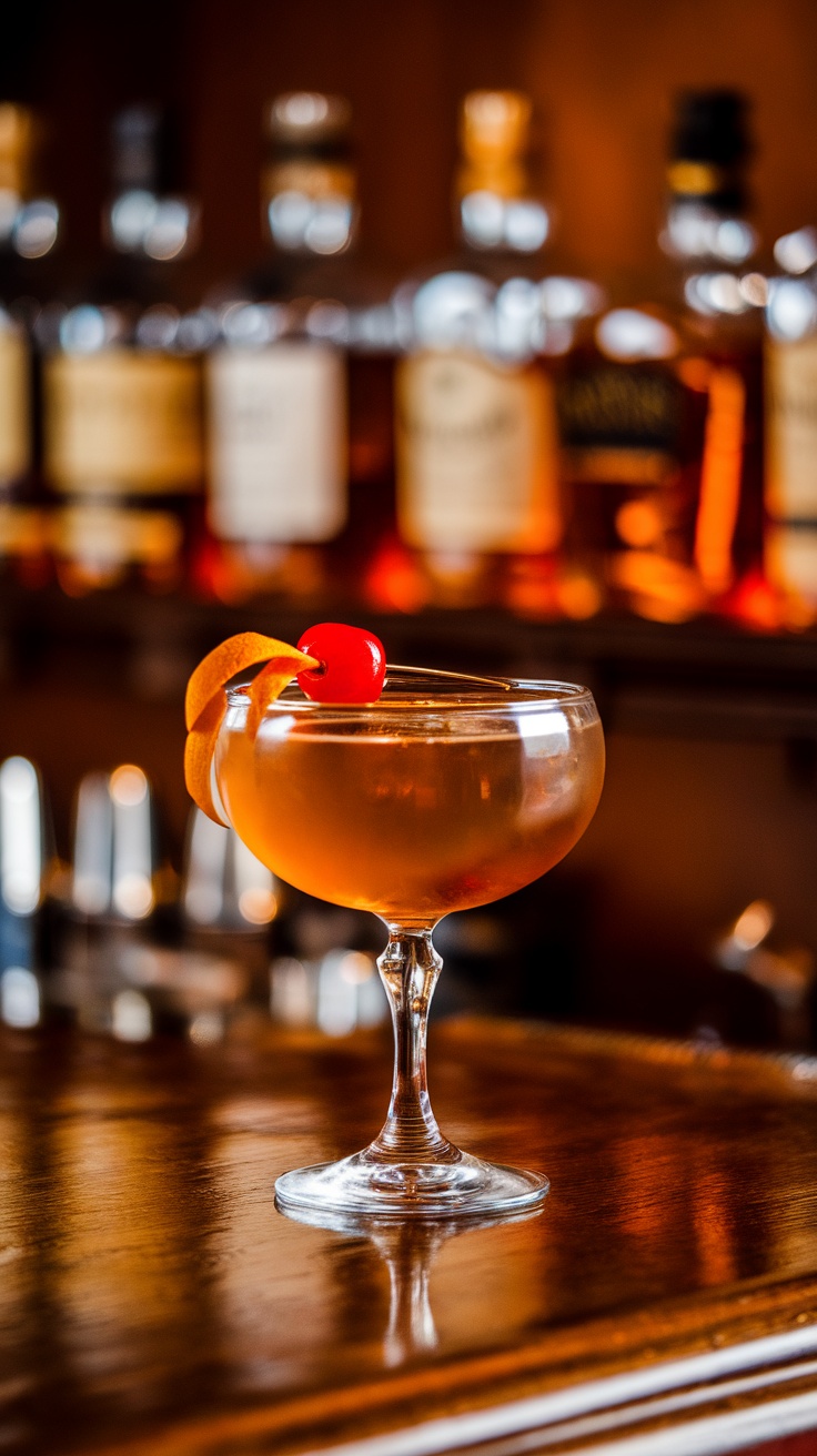 A classic Manhattan cocktail garnished with a cherry and orange twist, served in an elegant glass.