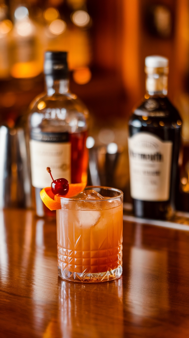 A classic Manhattan cocktail served in a crystal glass garnished with a cherry and orange peel.