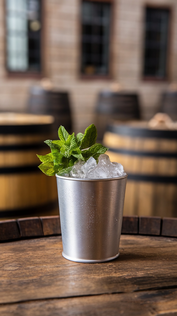 A refreshing Mint Julep cocktail garnished with fresh mint leaves in a silver cup.