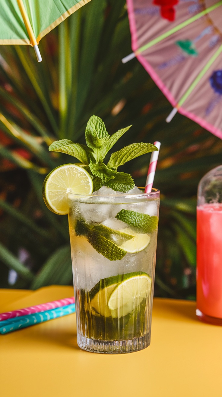 A refreshing Mojito cocktail with mint and lime in a tall glass