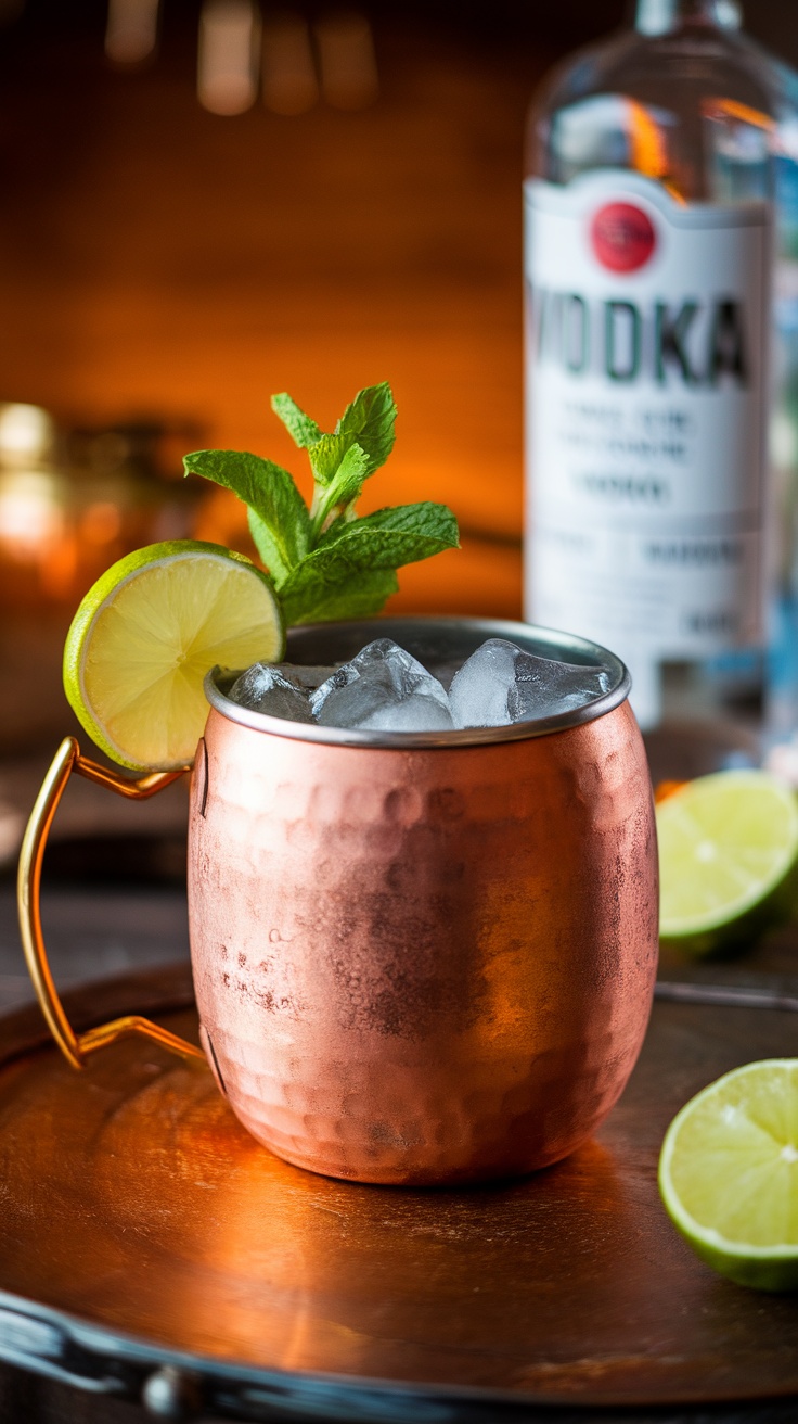 A Moscow Mule cocktail in a copper mug with lime and mint garnish.