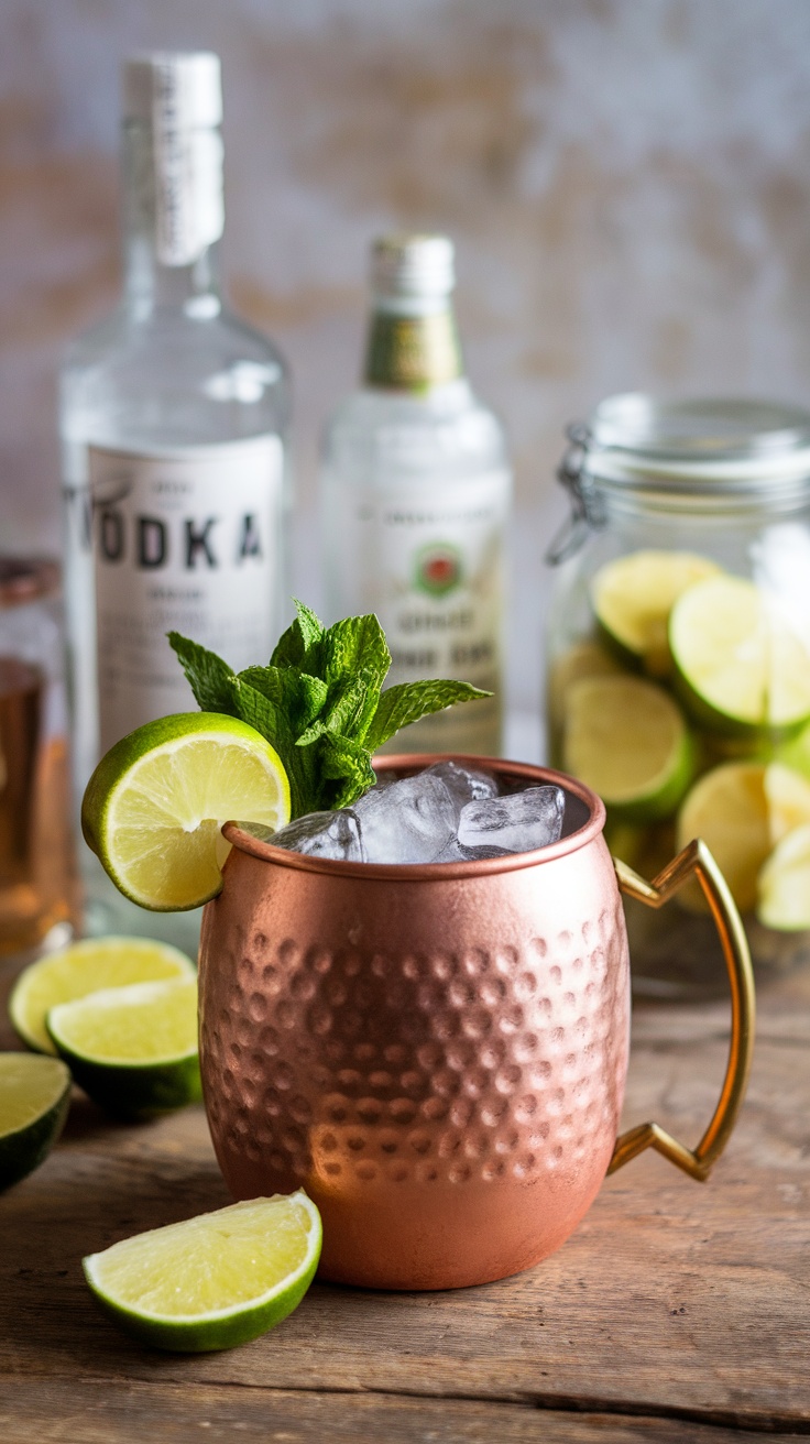 A refreshing Moscow Mule cocktail served in a copper mug with fresh mint and lime garnish.