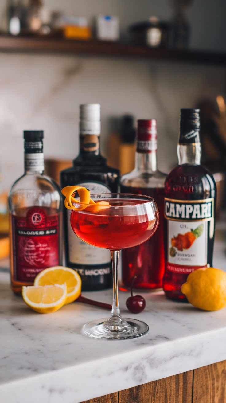 A classic Negroni cocktail served in a glass, garnished with an orange twist, with bottles of gin, vermouth, and Campari in the background.