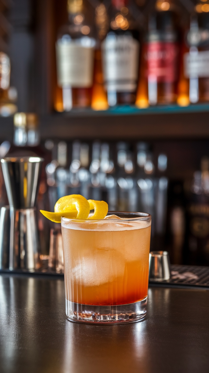 A refreshing New York Sour cocktail with whiskey and red wine, garnished with lemon.