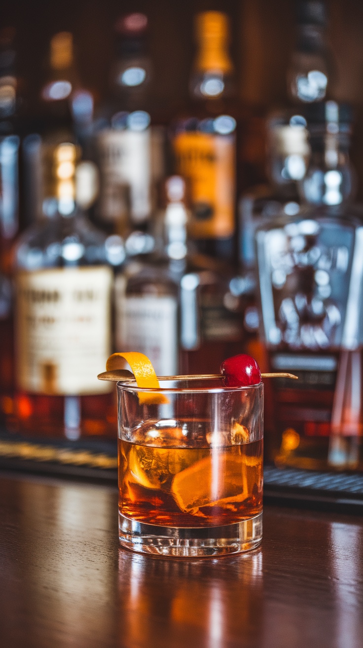 A classic Old Fashioned cocktail served in a glass with an orange peel and cherry garnish.