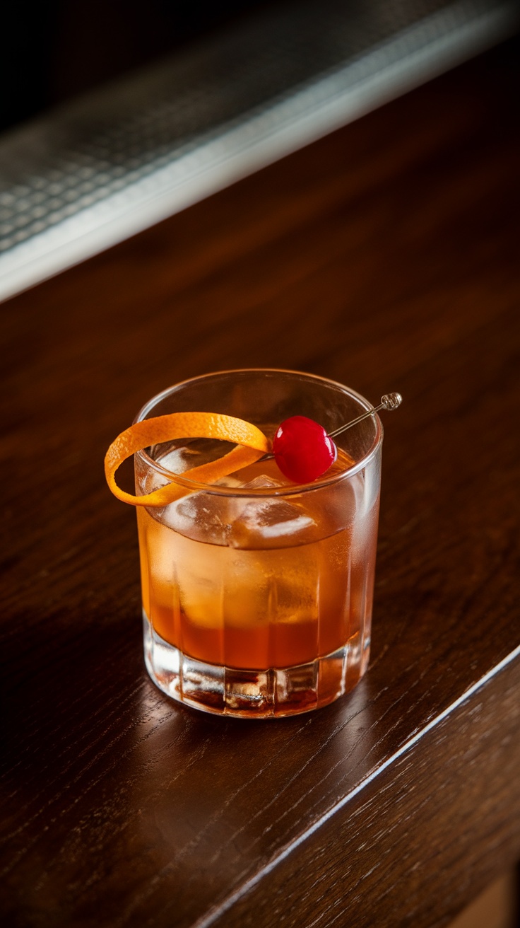 A classic Old Fashioned cocktail garnished with an orange peel and a cherry