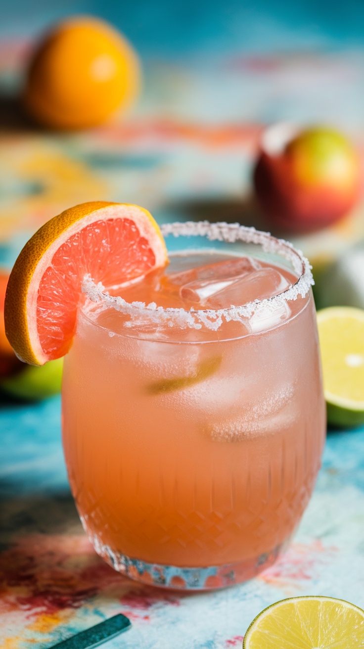 A refreshing Paloma cocktail garnished with a grapefruit slice.