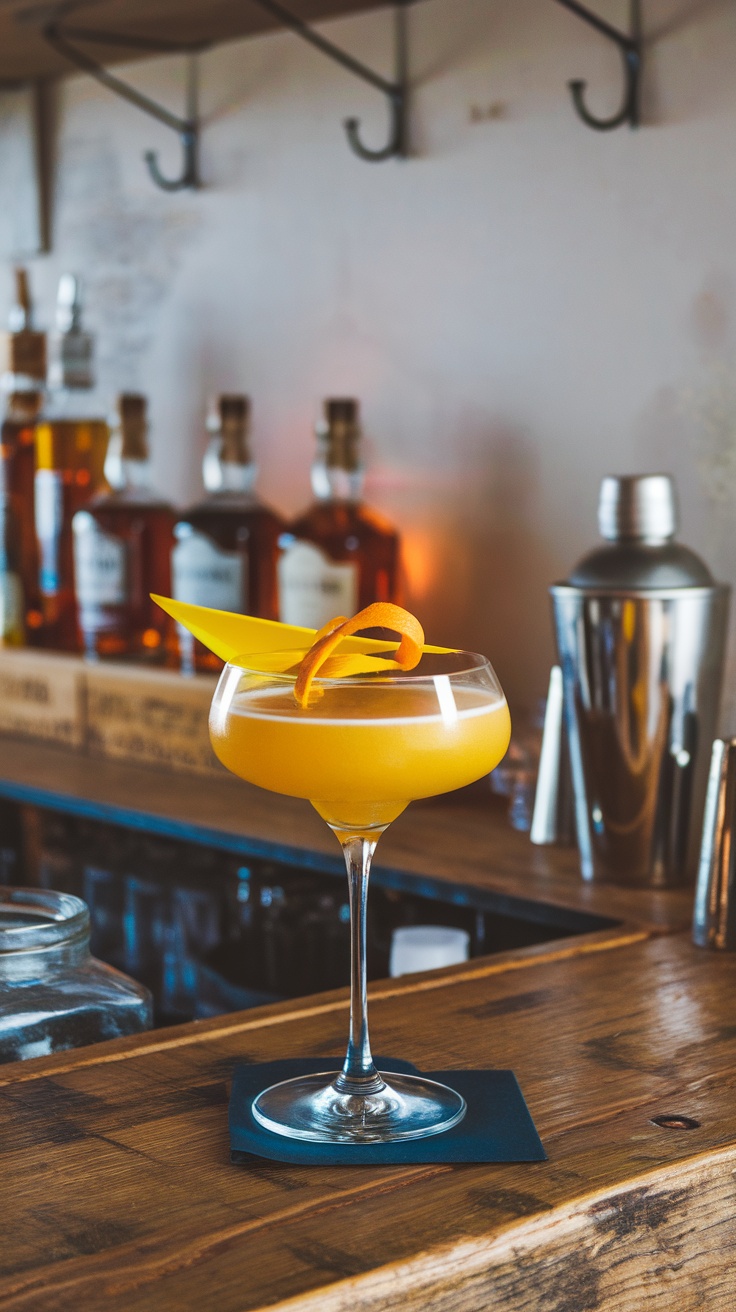 A beautifully crafted Paper Plane cocktail in a coupe glass with a twist of orange peel as garnish.