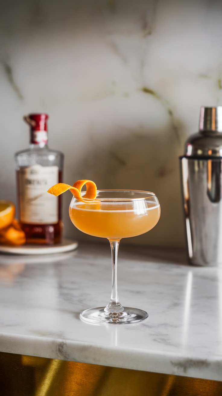 A vibrant Paper Plane cocktail garnished with an orange twist.