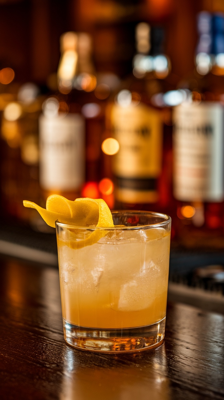 A glass of Penicillin cocktail garnished with a lemon twist, sitting on a wooden bar.