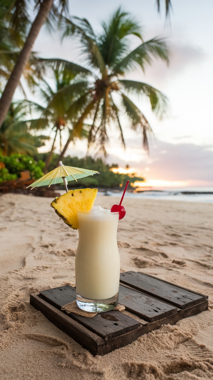 A Piña Colada cocktail with garnish on a beach setting.