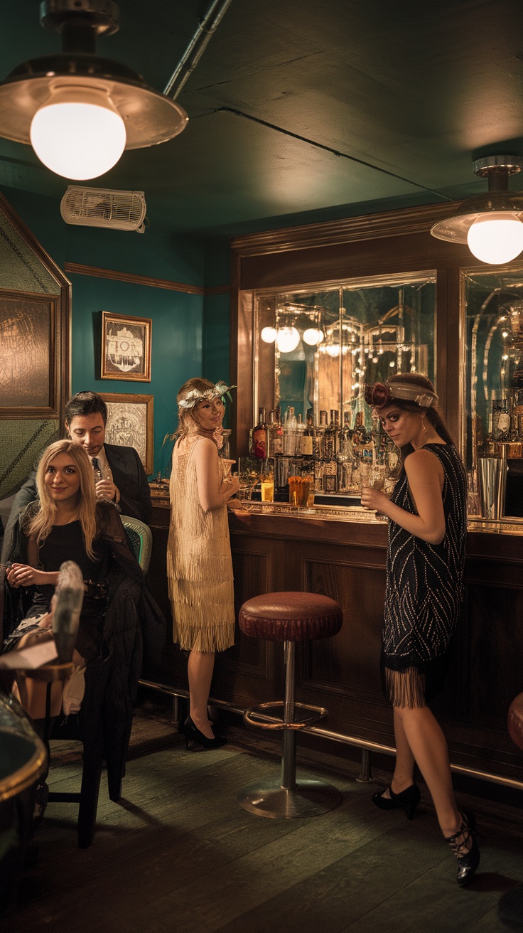 An elegant speakeasy scene featuring guests in 1920s attire enjoying cocktails at a bar.