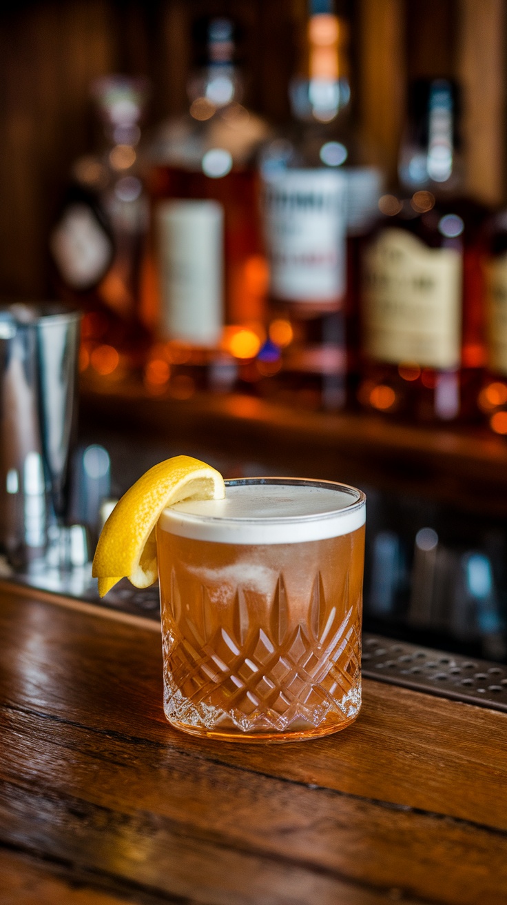 A Rusty Nail cocktail served in a crystal glass with a lemon twist, showcasing its amber color.