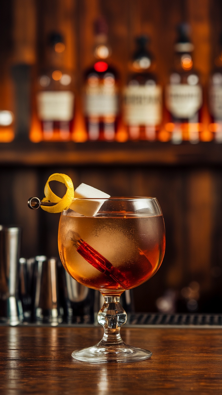 A beautifully prepared Sazerac cocktail served in a glass, garnished with a lemon twist and sugar cube.