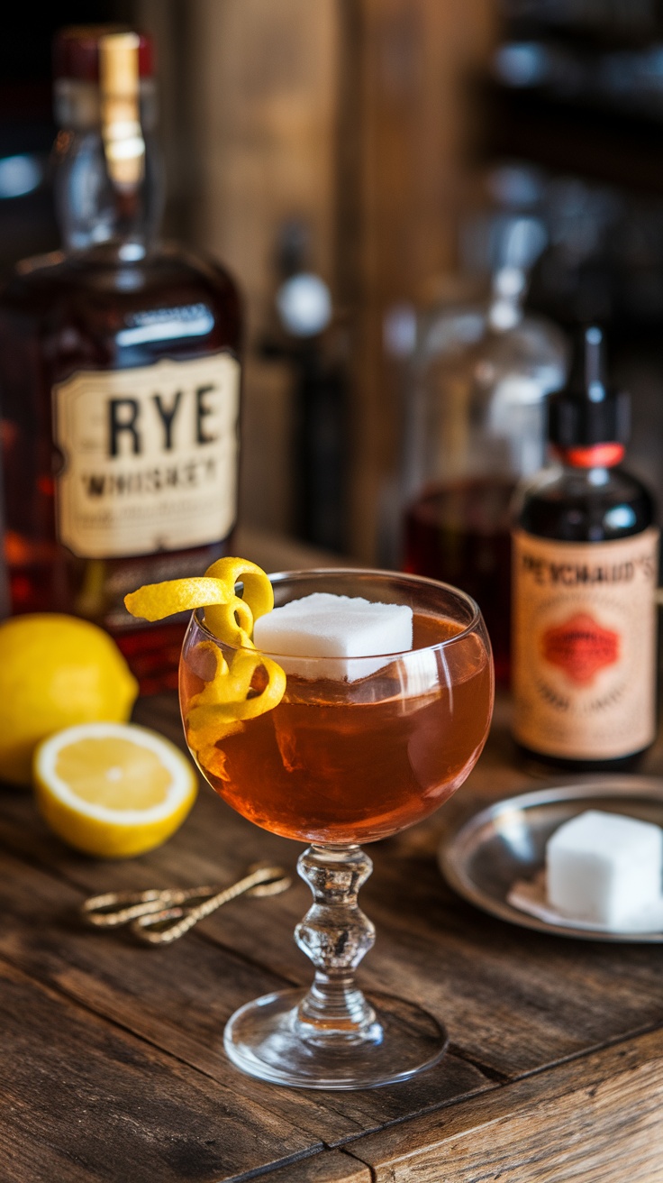 A classic Sazerac cocktail garnished with a lemon peel.