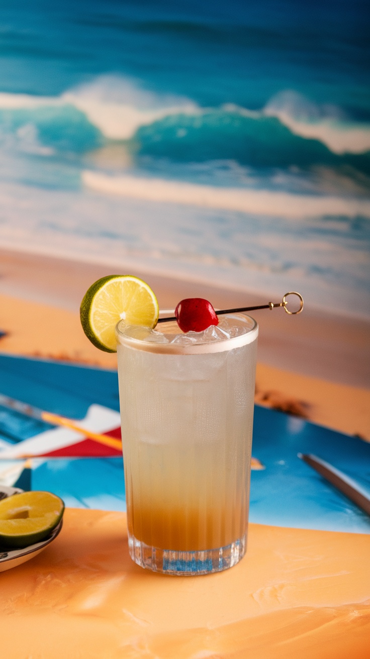 A refreshing Sea Breeze cocktail garnished with a lime wedge and cherry