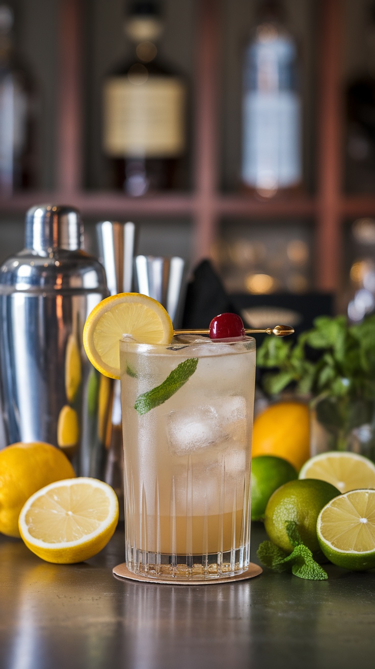 A refreshing Tom Collins cocktail garnished with a lemon slice and cherry.