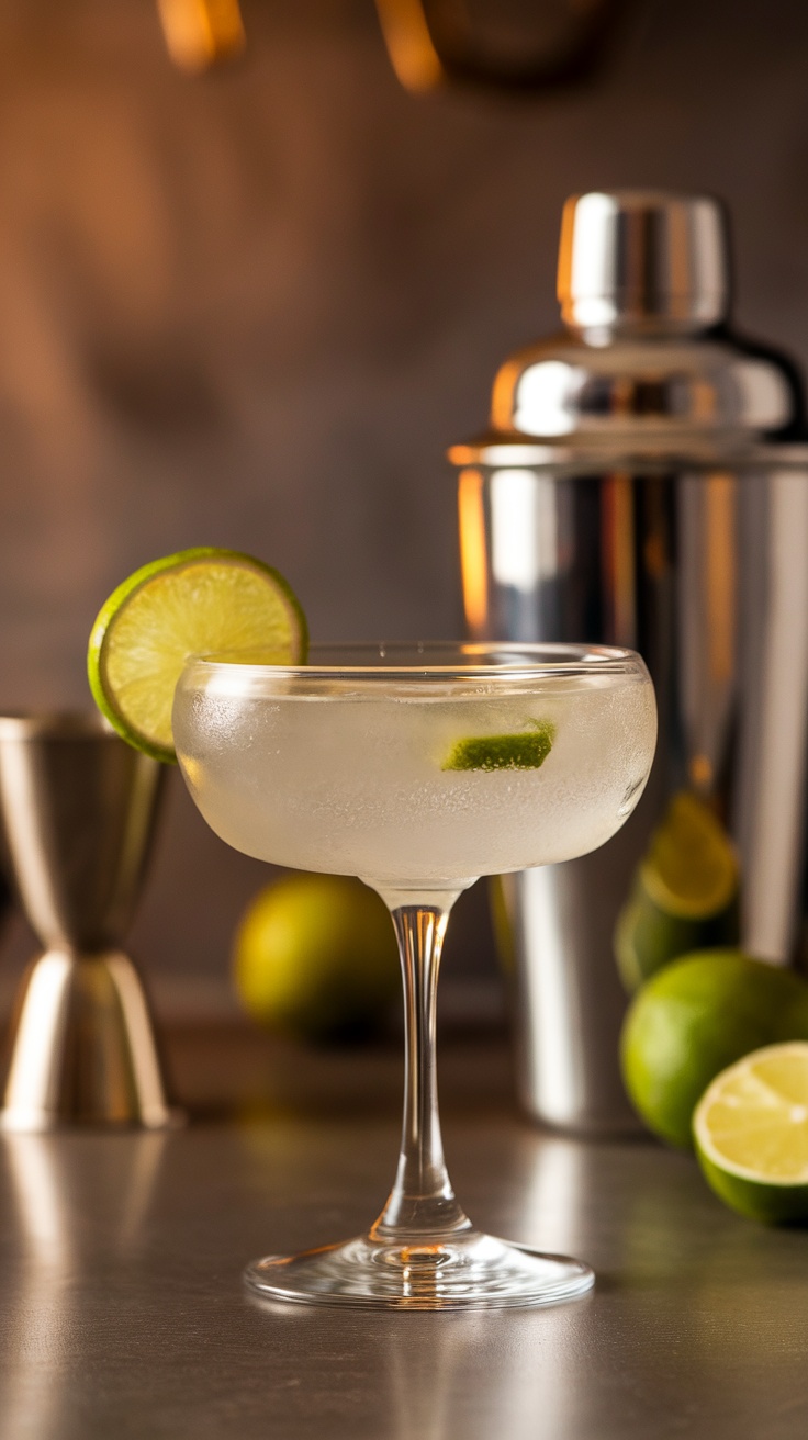 A refreshing Vodka Gimlet cocktail served in a coupe glass with a lime garnish.