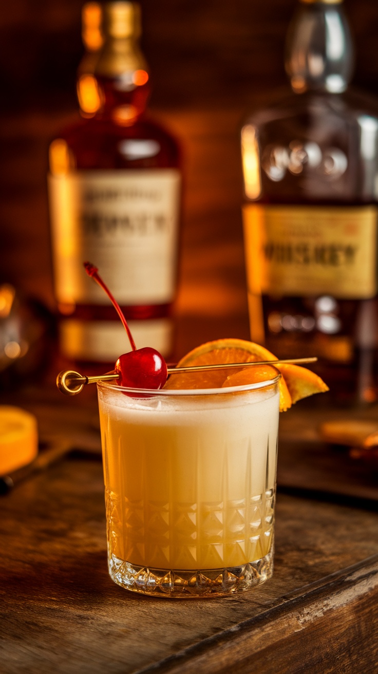 Whiskey Sour cocktail with cherry and orange garnish