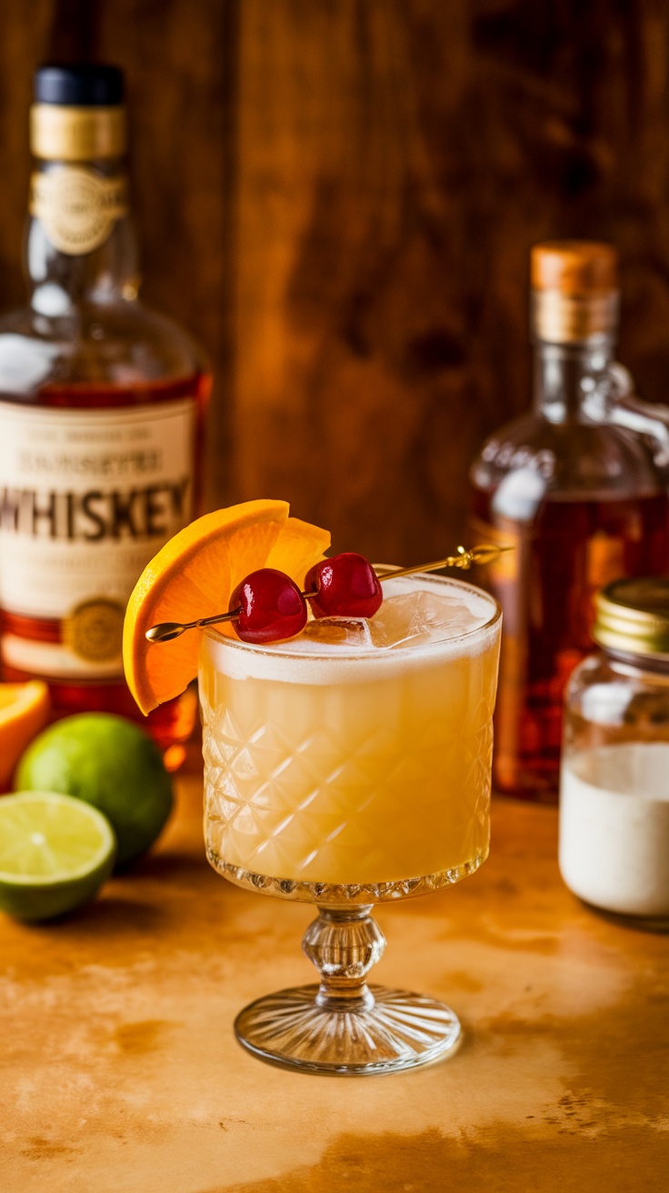 A Whiskey Sour cocktail garnished with an orange slice and cherries.