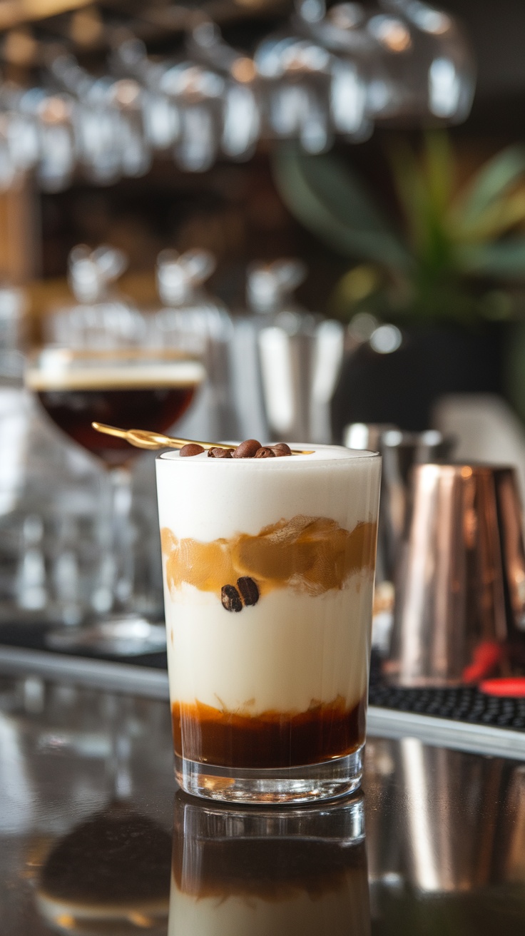 A White Russian cocktail served in a clear glass, featuring layers of cream, coffee liqueur, and vodka, garnished with coffee beans.