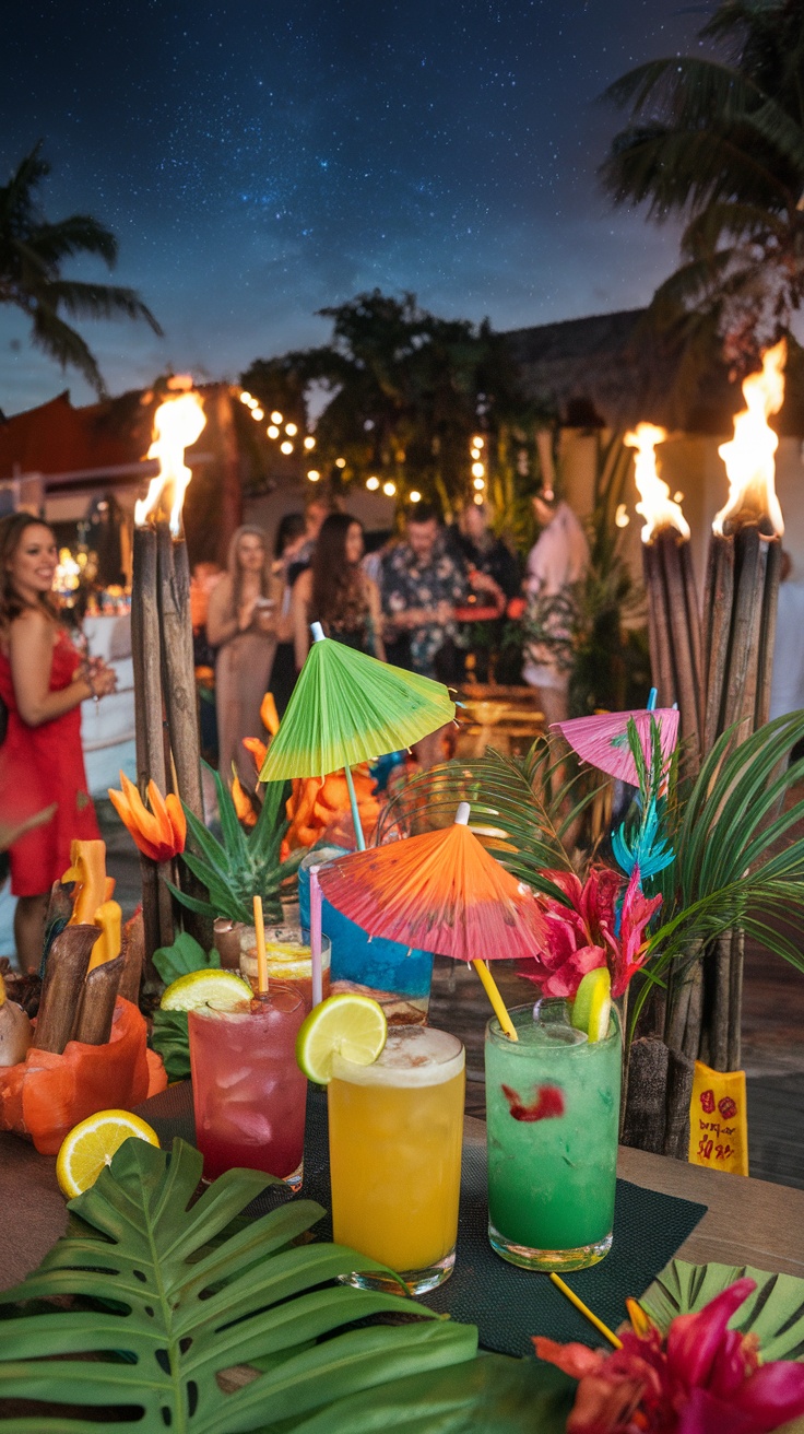 A colorful arrangement of tropical cocktails with umbrellas, surrounded by vibrant flowers and greenery, set against a lively tiki-themed party background.