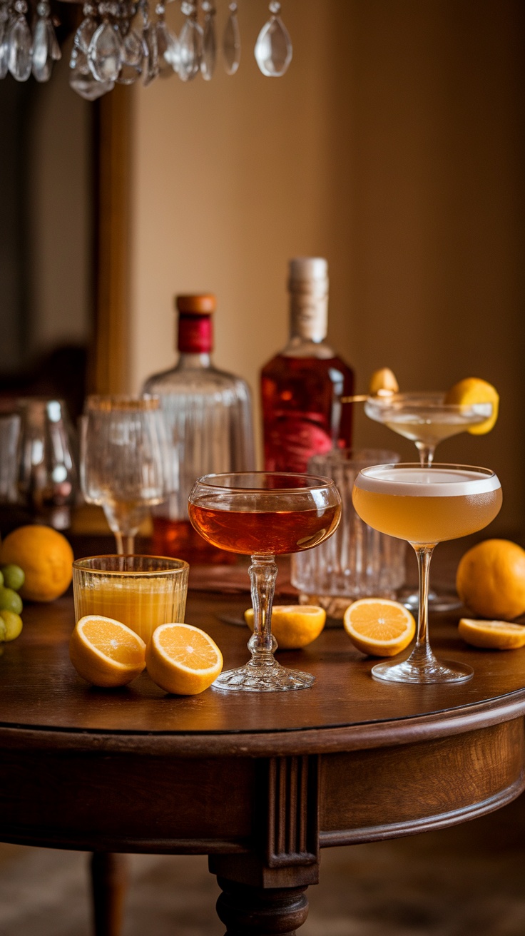 A selection of brandy cocktails with garnishes