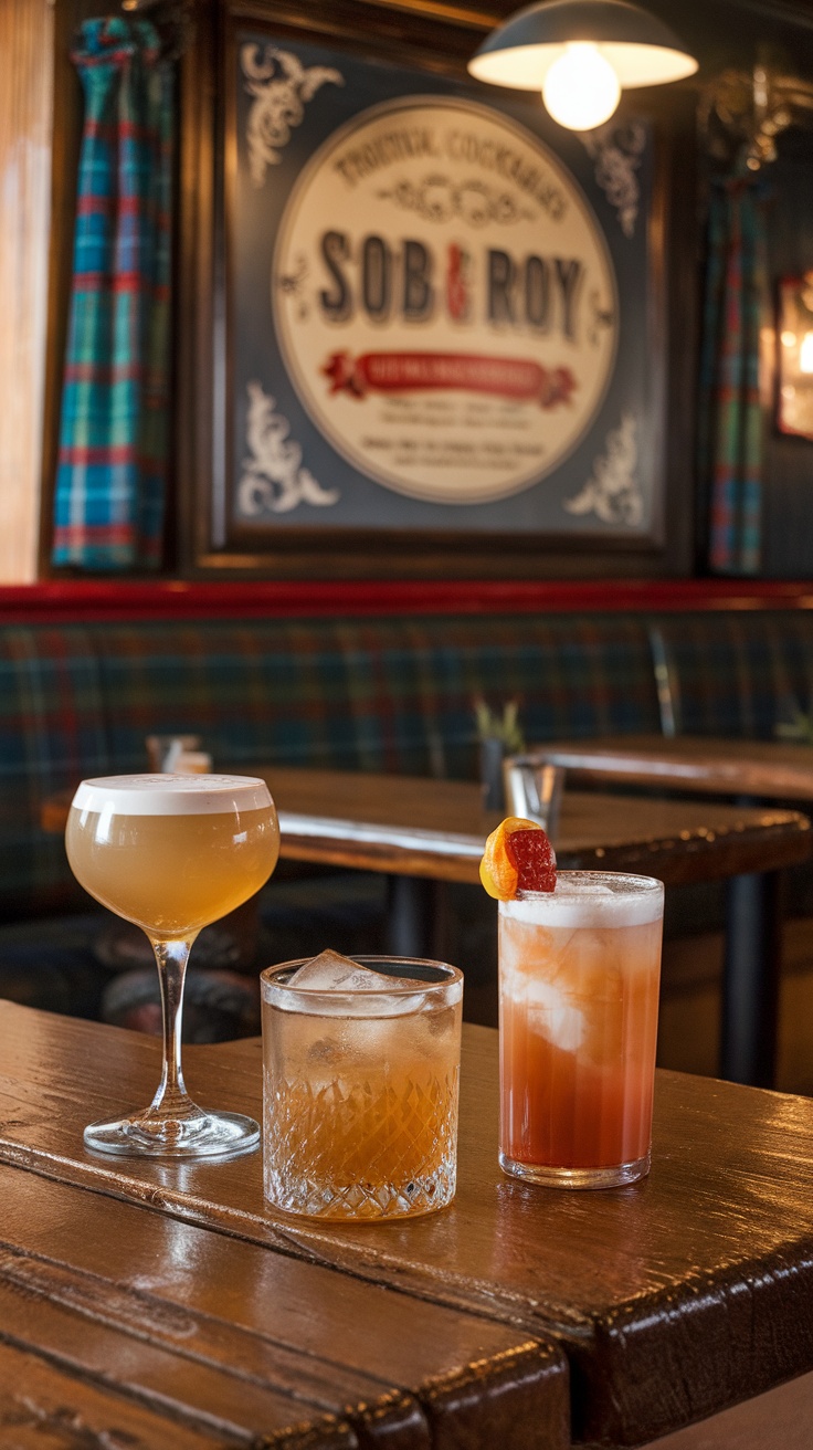 Traditional Scottish cocktails including Rob Roy and Rusty Nail on a wooden table.