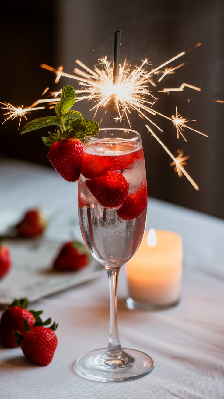 A festive cocktail with strawberries and mint, garnished with a sparkler.